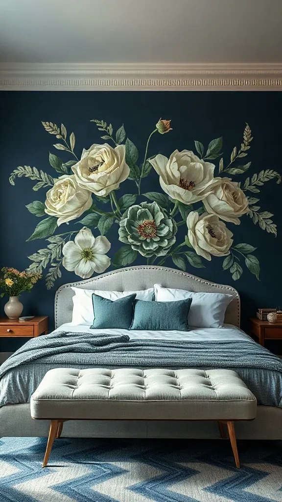 Dramatic vintage botanical wallpaper mural with cream flowers on deep navy bedroom wall - Navy Blue Bedroom