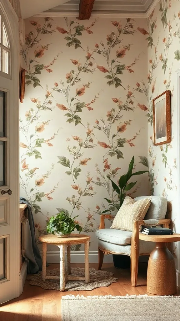 Cozy cottage alcove wrapped in subtle vintage floral wallpaper with sage foliage. - Cozy Cottage Sitting