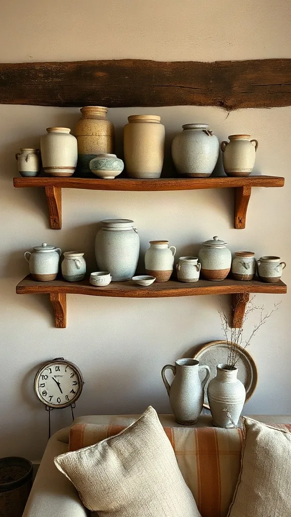 Collection of vintage ceramic glazed pottery and stoneware jars on a shelf. - Cozy Cottage Sitting