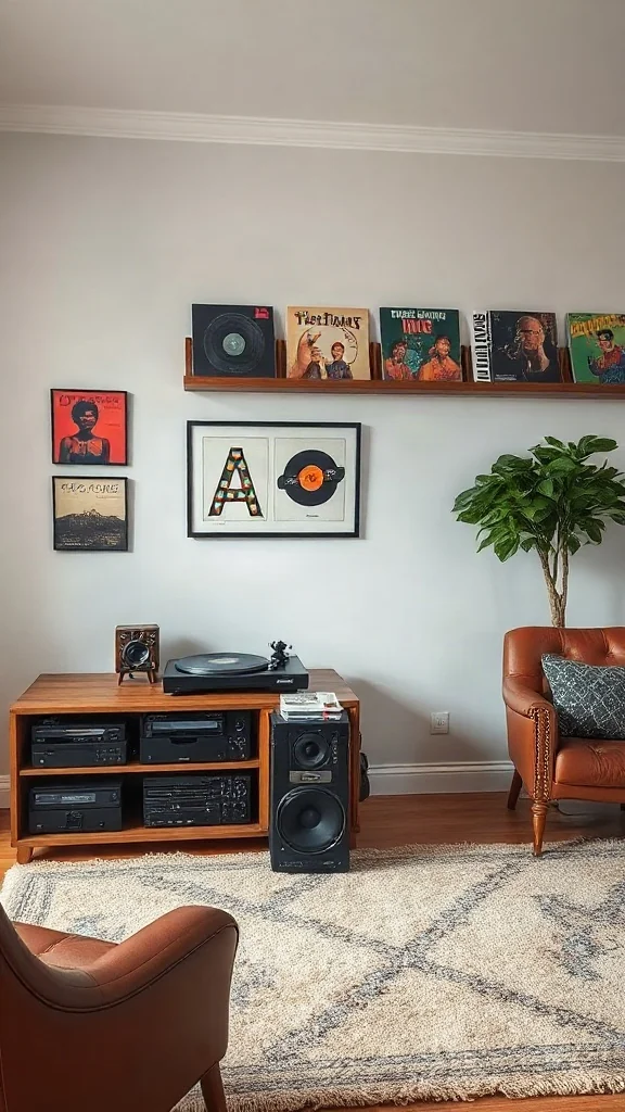 Mid-century vinyl listening setup with walnut credenza and leather lounge chair.