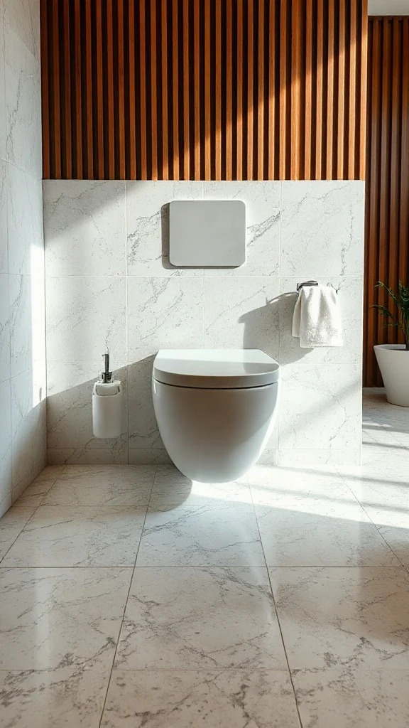 Modern luxury bathroom wall-hung toilet layout over seamless terrazzo tile flooring. - Modern Water Closet Floor Plan Layout - Modern Toilet Floor Plan Layout - Toilet & Water Closet Floor Plan Layout - Small Toilet Andamp; Water Closet Floor Plan Layout Ideas