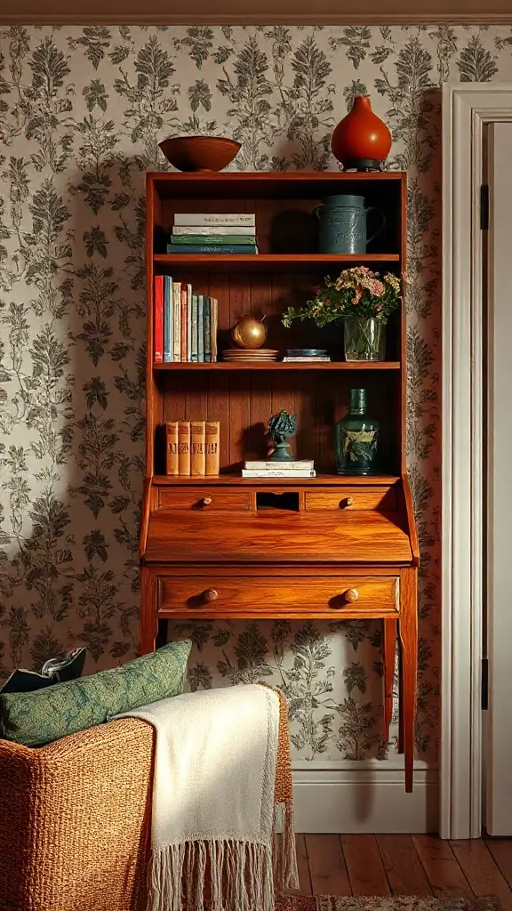 Compact wall-mounted drop-leaf wood secretary desk closed against a wall. - Cozy Cottage Sitting