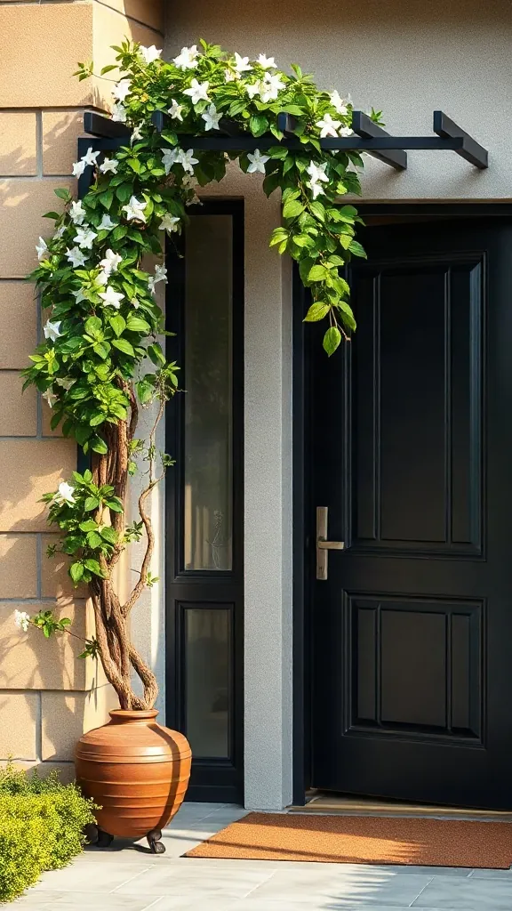 Matte black geometric wall trellis draped with flowering star jasmine beside a modern front door.