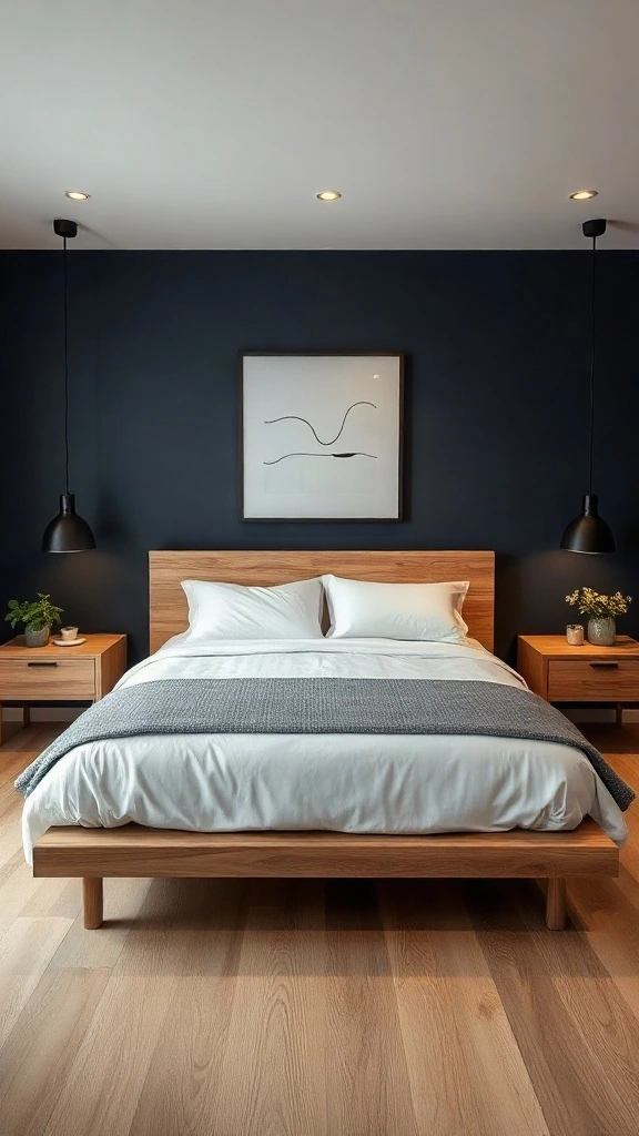 Low-profile walnut platform bed positioned before a navy accent wall in master bedroom - Navy Blue Bedroom