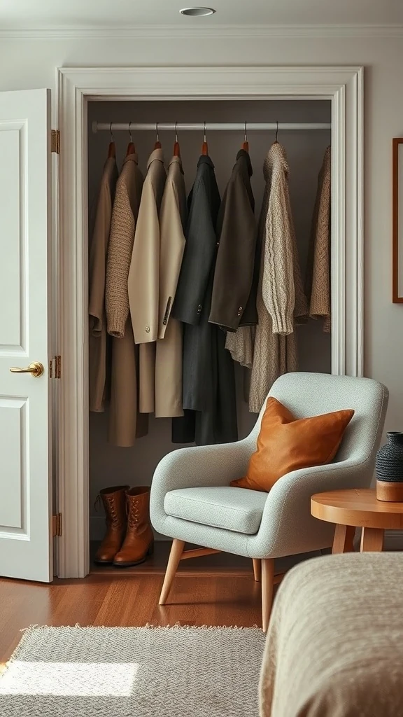 Open walk-in closet transitioning into a serene bedroom featuring tailored wool coats.