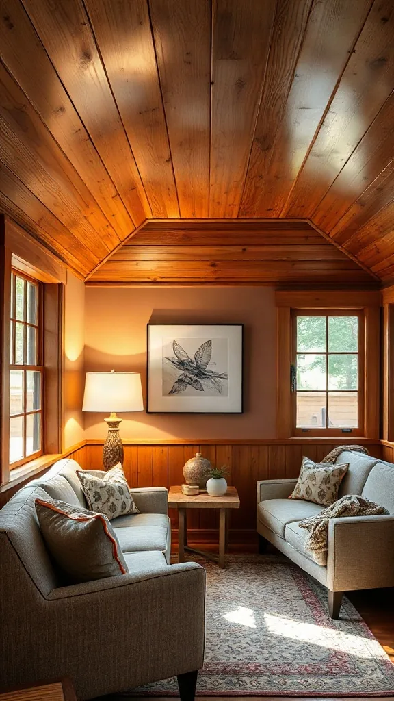 Warm cedar tongue-and-groove planked ceiling in a small cottage den. - Cozy Cottage Sitting