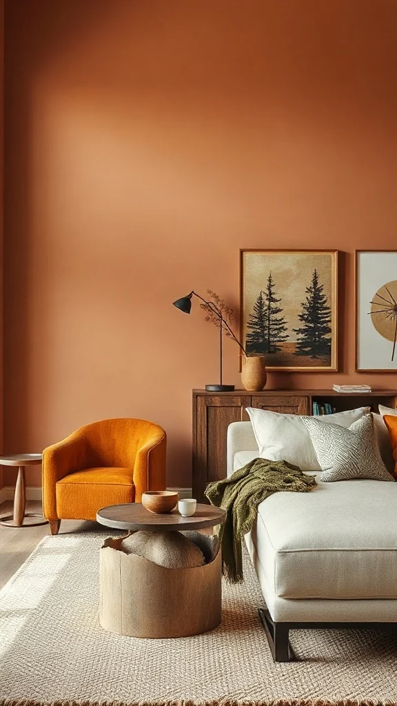 Living room wall painted in rich terracotta-tinted ecru with warm earthy color palette.