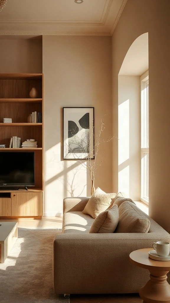 Living room walls painted in velvety oatmeal and warm clay tones with cozy layered styling. - Inviting Home Design