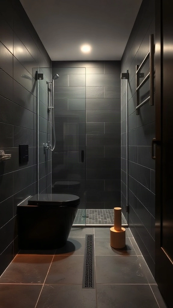 Modern wet room toilet layout featuring a matte black commode and dark slate floor tiles. - Modern Water Closet Floor Plan Layout - Modern Toilet Floor Plan Layout - Small Toilet Andamp; Water Closet Floor Plan Layout Ideas