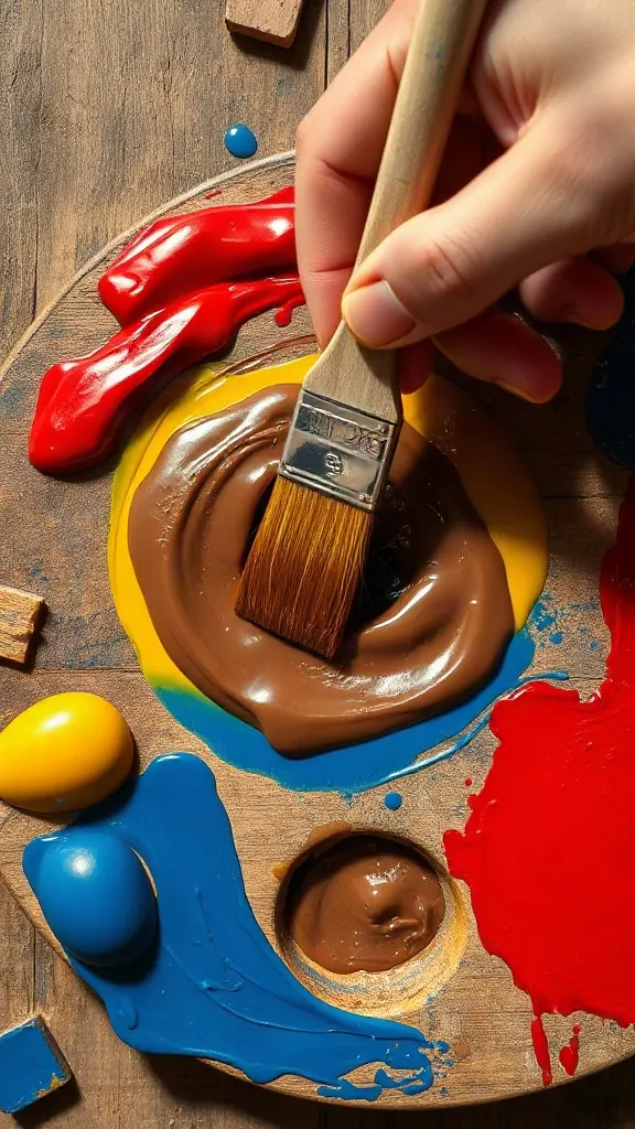 What Two Colors Make Brown? Color Theory 101 Artist wooden palette with mounds of primary and complementary paints demonstrating what colors make brown.