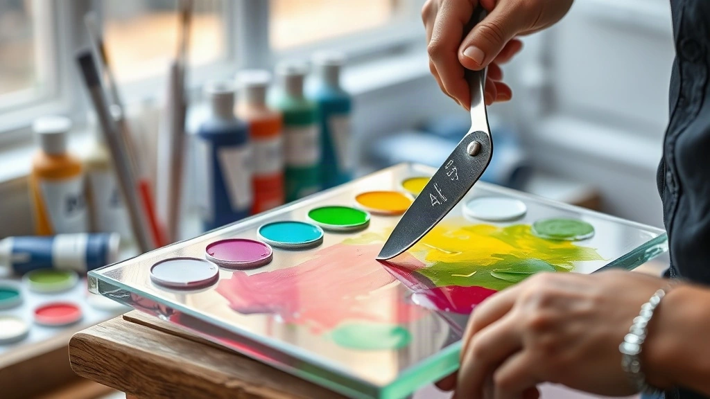 Artist mixing blue and yellow oil paint with a palette knife on glass to create a vibrant green shade. - Colors Make Green