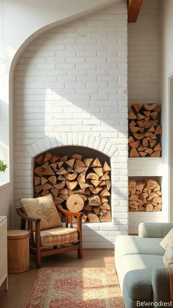 Whitewashed brick feature wall with a neatly stacked firewood alcove. - Cozy Cottage Sitting