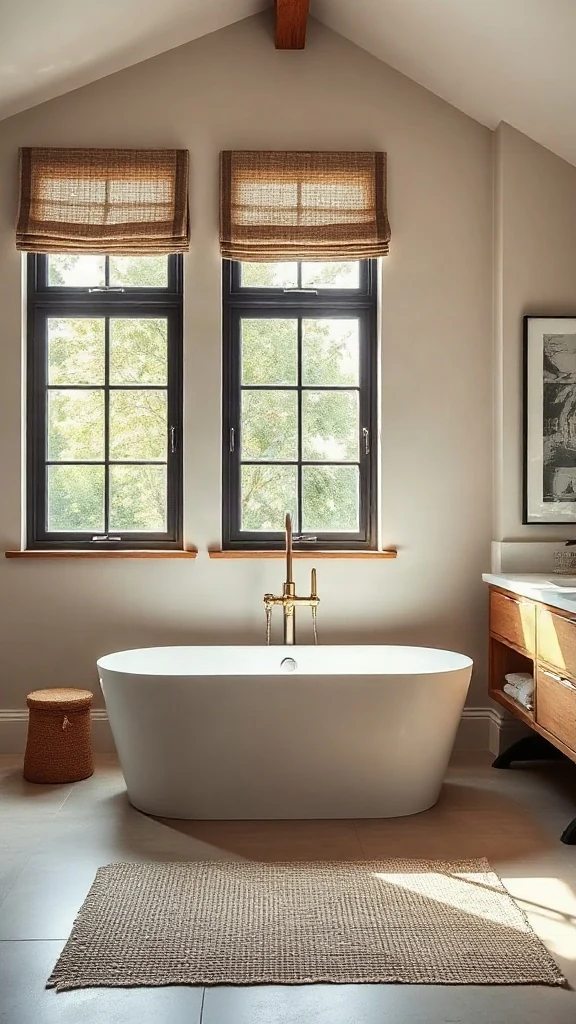 Oval freestanding tub master bathroom layout aligned beneath a trio of black-cased picture windows. - Master Bathroom Layouts