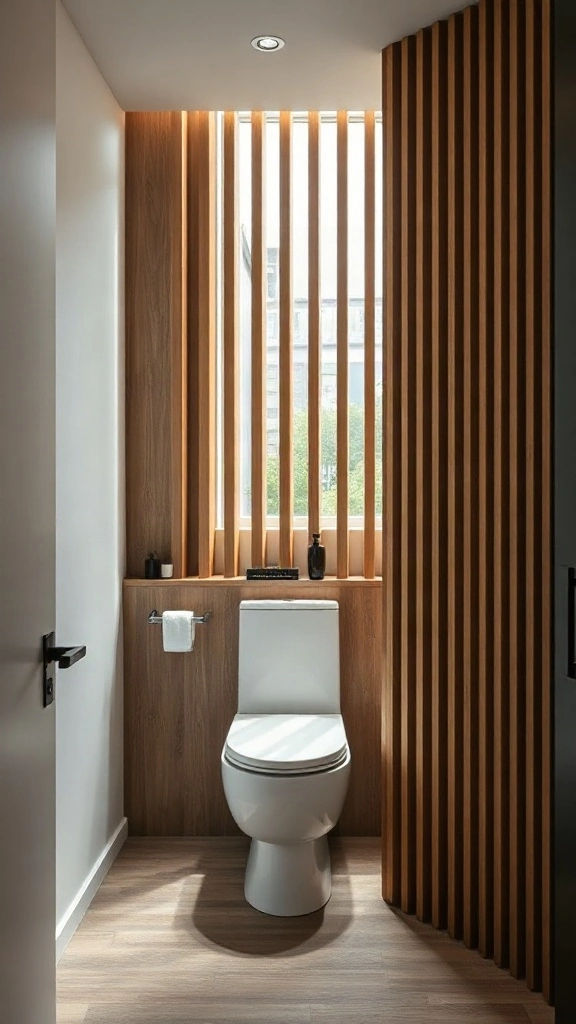Curved oak wood slat screen partition filtering ambient light around a toilet layout. - Modern Water Closet Floor Plan Layout - Modern Toilet Floor Plan Layout - Small Toilet Andamp; Water Closet Floor Plan Layout Ideas