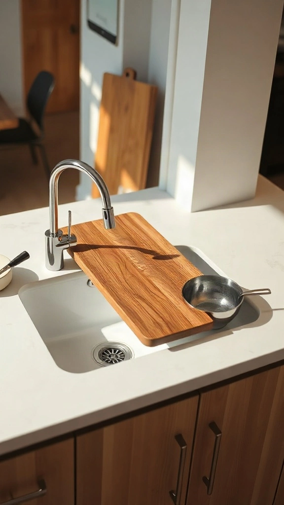 Workstation sink with sliding walnut cutting board ledge fitted over basin in a studio kitchenette. - Studio Apartment Kitchen