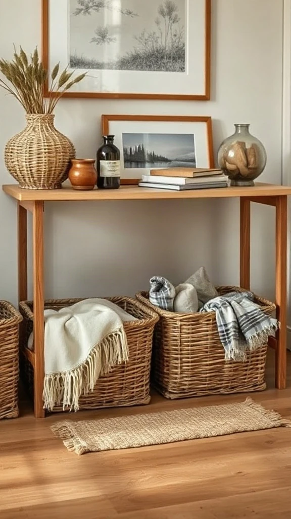 Deep wicker storage baskets tucked beneath a console table in a cottage lounge. - Cozy Cottage Sitting