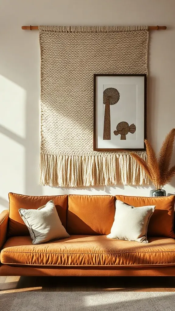 Large woven wool tapestry and framed linen textile art hanging over a deep olive velvet sofa. - Inviting Home Design