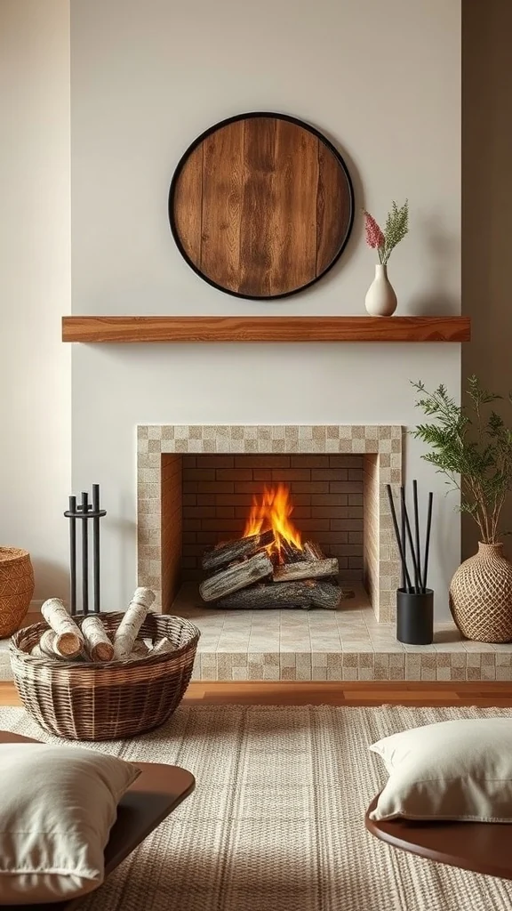 Minimalist fireplace hearth clad in glazed zellige tiles with a woven basket of birch logs. - Inviting Home Design